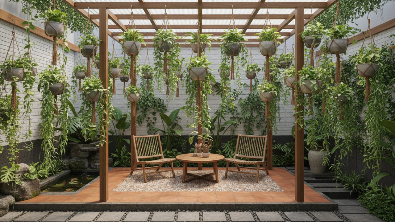 kebun minimalis dengan tanaman gantung
