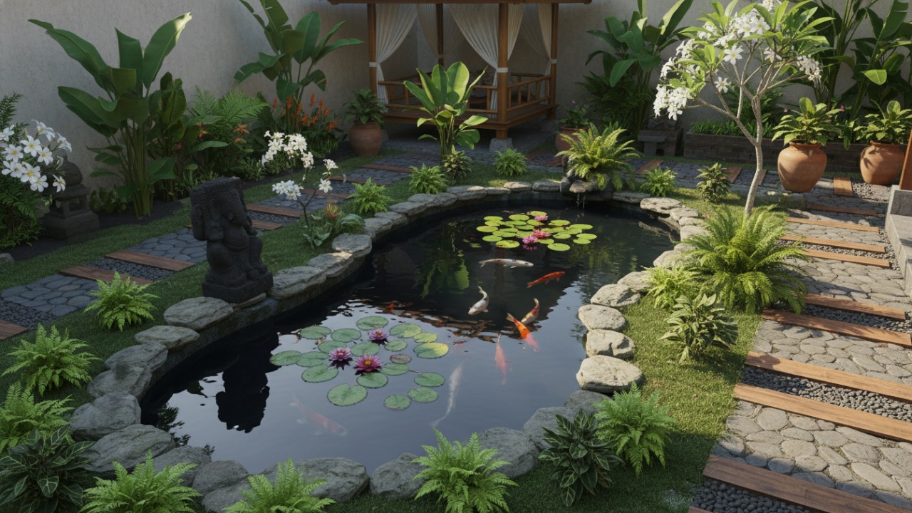 kebun mini dengan kolam air