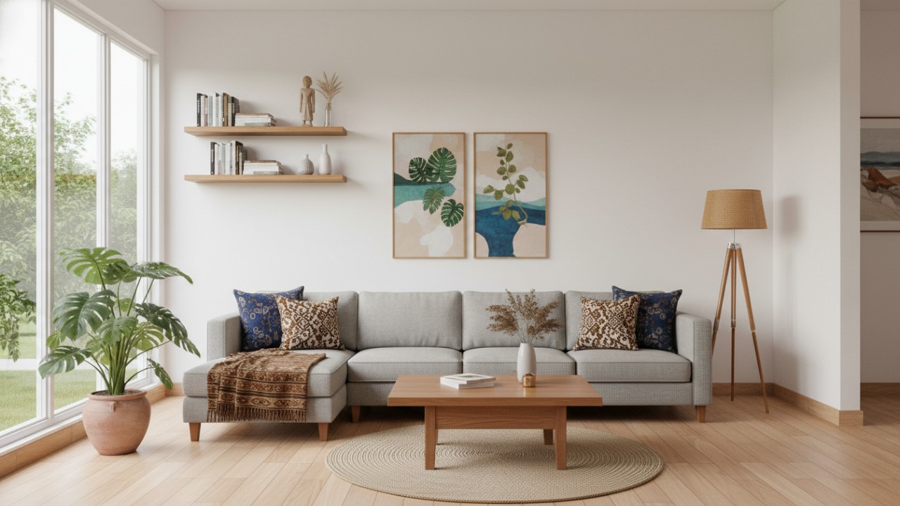 Ruang tamu minimalis modern dengan warna netral, pencahayaan alami, dan furnitur fungsional yang nyaman.