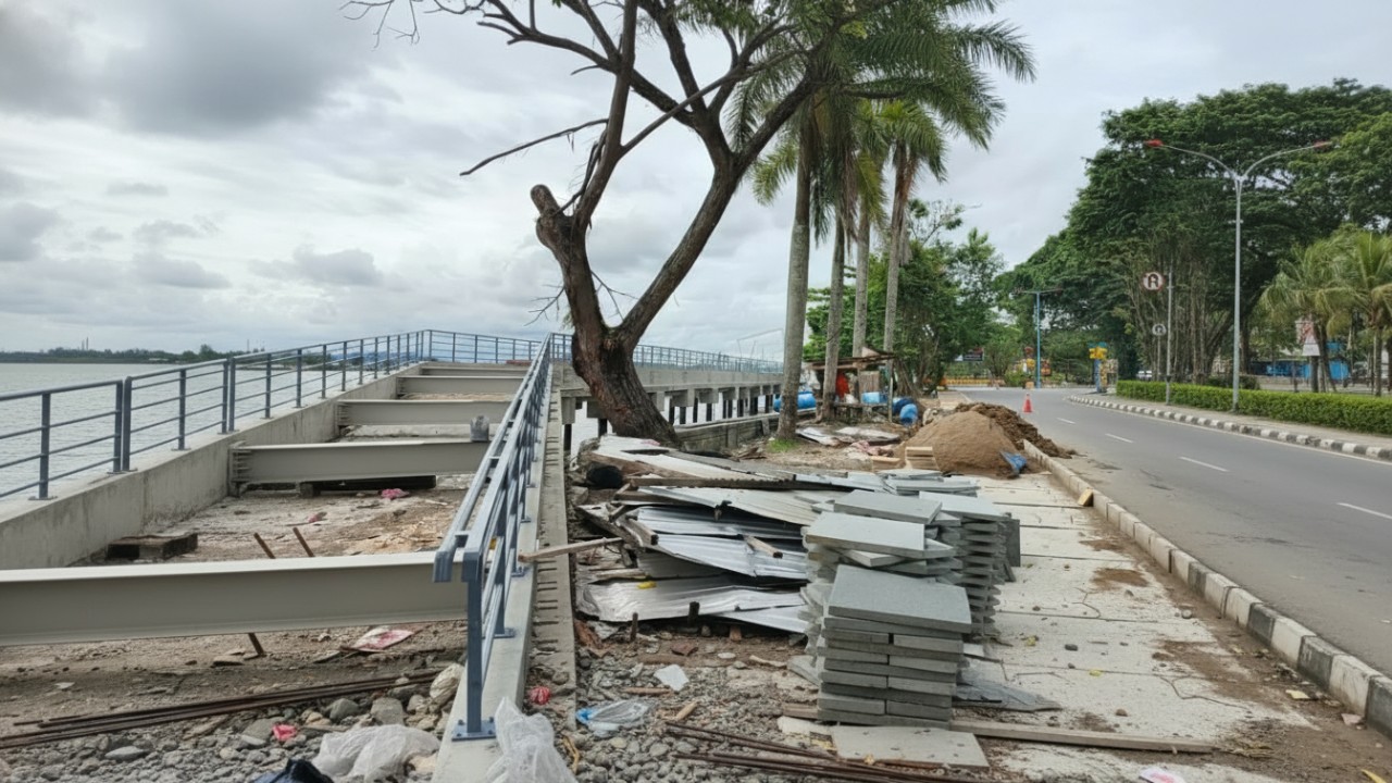 Kawasan Teras Samarinda dengan pembangunan segmen yang masih berjalan di tepi Sungai Mahakam.