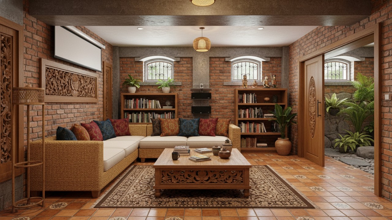 Tampilan ruang basement minimalis dengan pencahayaan alami dan desain modern yang nyaman untuk keluarga.