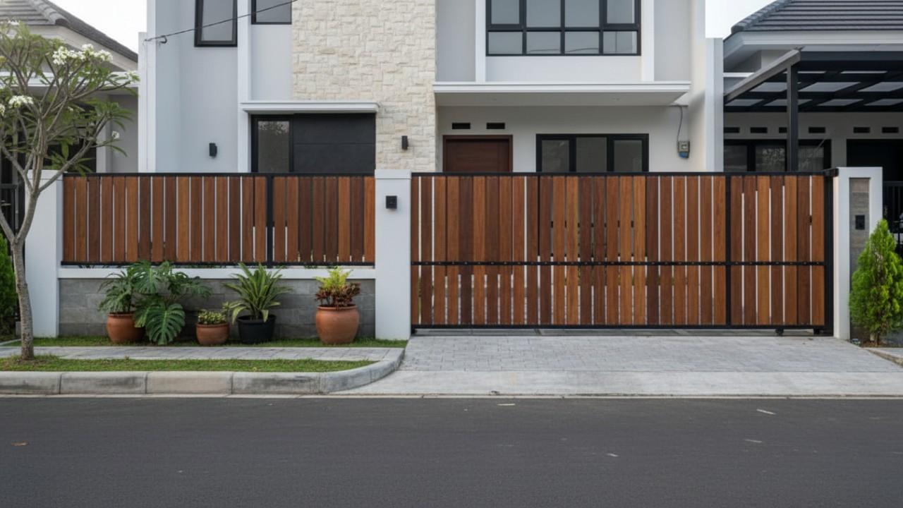 Pagar rumah minimalis dengan desain sederhana dan aksen modern, memperkuat tampilan hunian pertama.