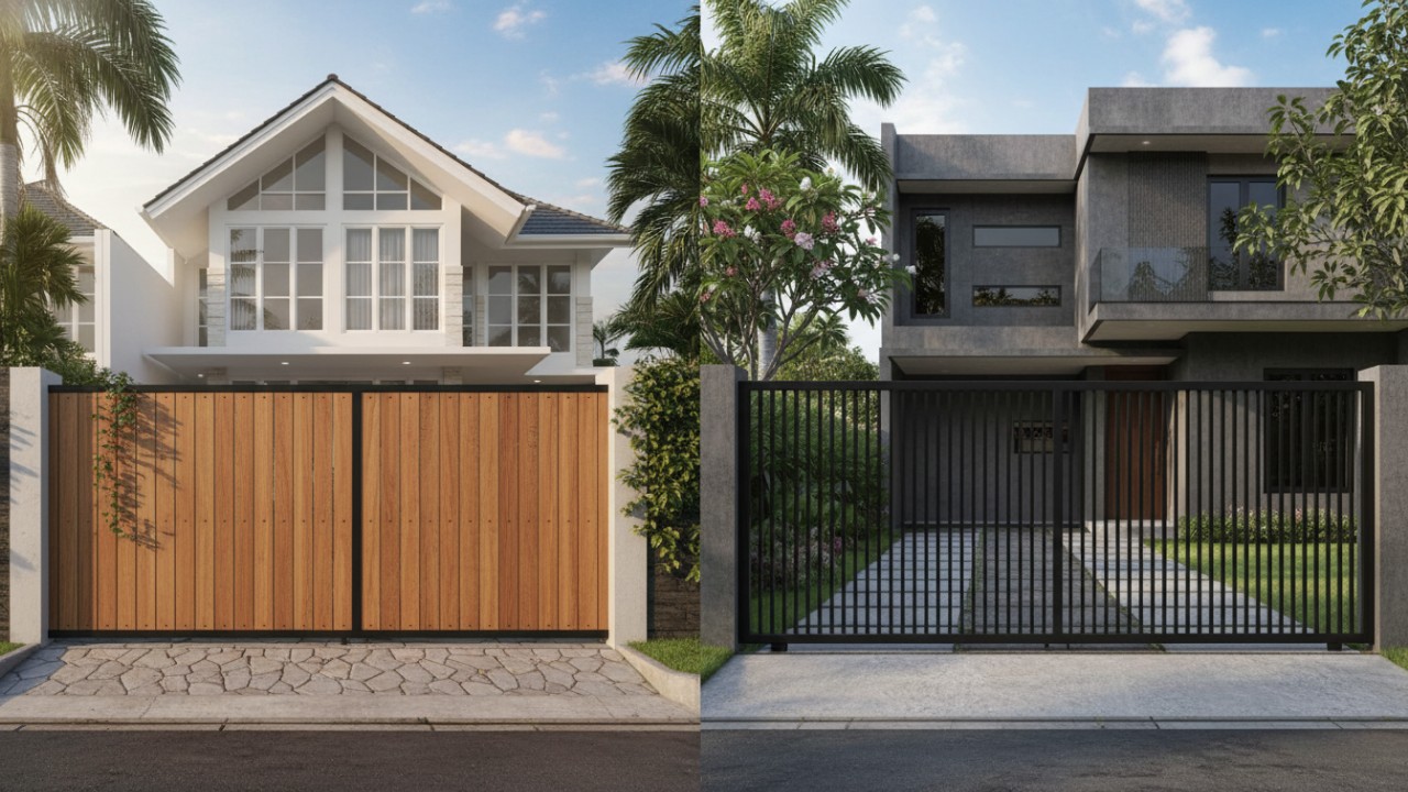 Pagar kayu minimalis dikenal memberi kesan hangat dan natural.  pagar besi hollow hadir dengan kesan modern dan kokoh.