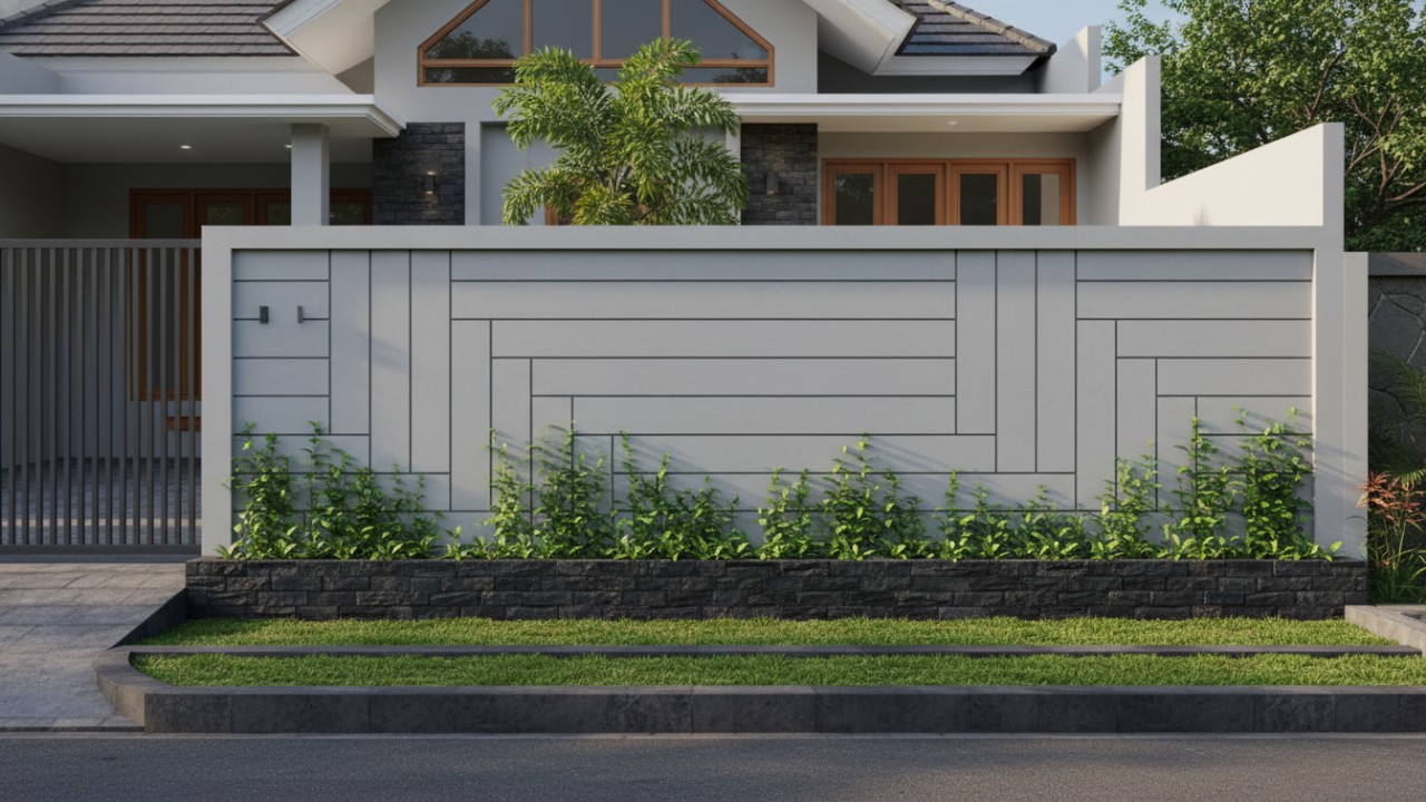 Pagar tembok minimalis tetap relevan, terutama bagi pemilik rumah yang mengutamakan privasi. Desain polos dengan ornamen terbatas memberi kesan kokoh dan elegan.