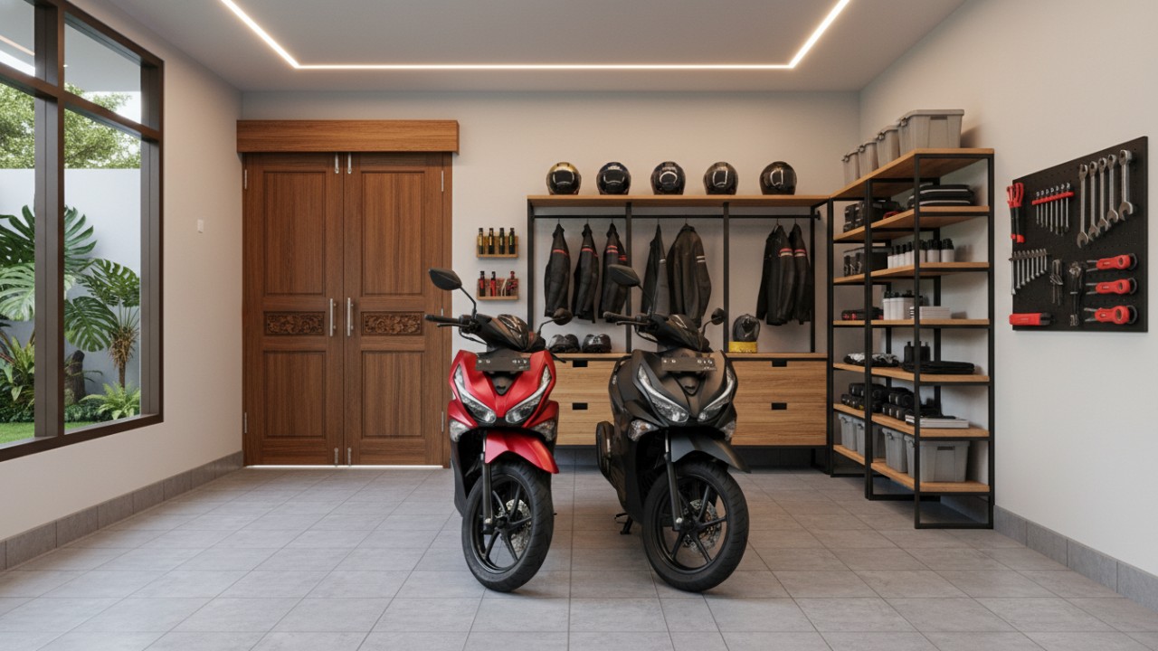 Desain garasi motor memegang peran penting dalam menjaga kerapian dan efisiensi ruang hunian. Garasi yang tertata baik membantu motor terlindungi dari debu