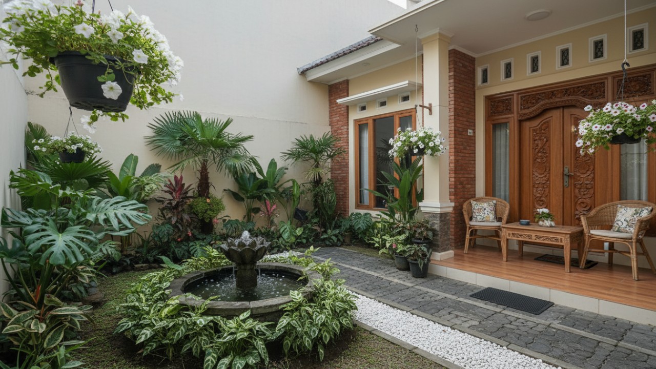 Taman depan rumah sederhana dengan tanaman hijau, batu alam, dan penataan rapi yang menyejukkan.