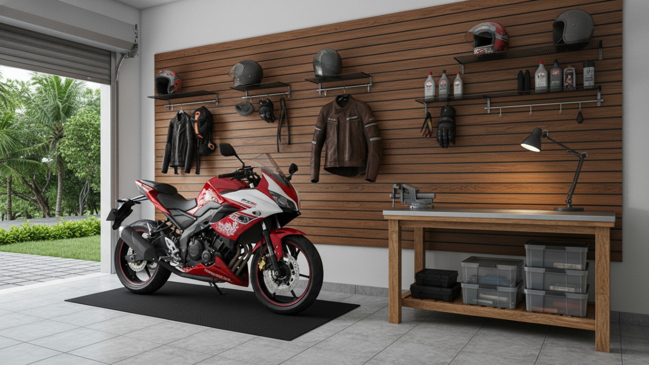 Desain garasi motor keren tidak selalu berarti rumit. Salah satu konsep yang menonjol adalah penggunaan dinding slatwall dengan alur horizontal.
