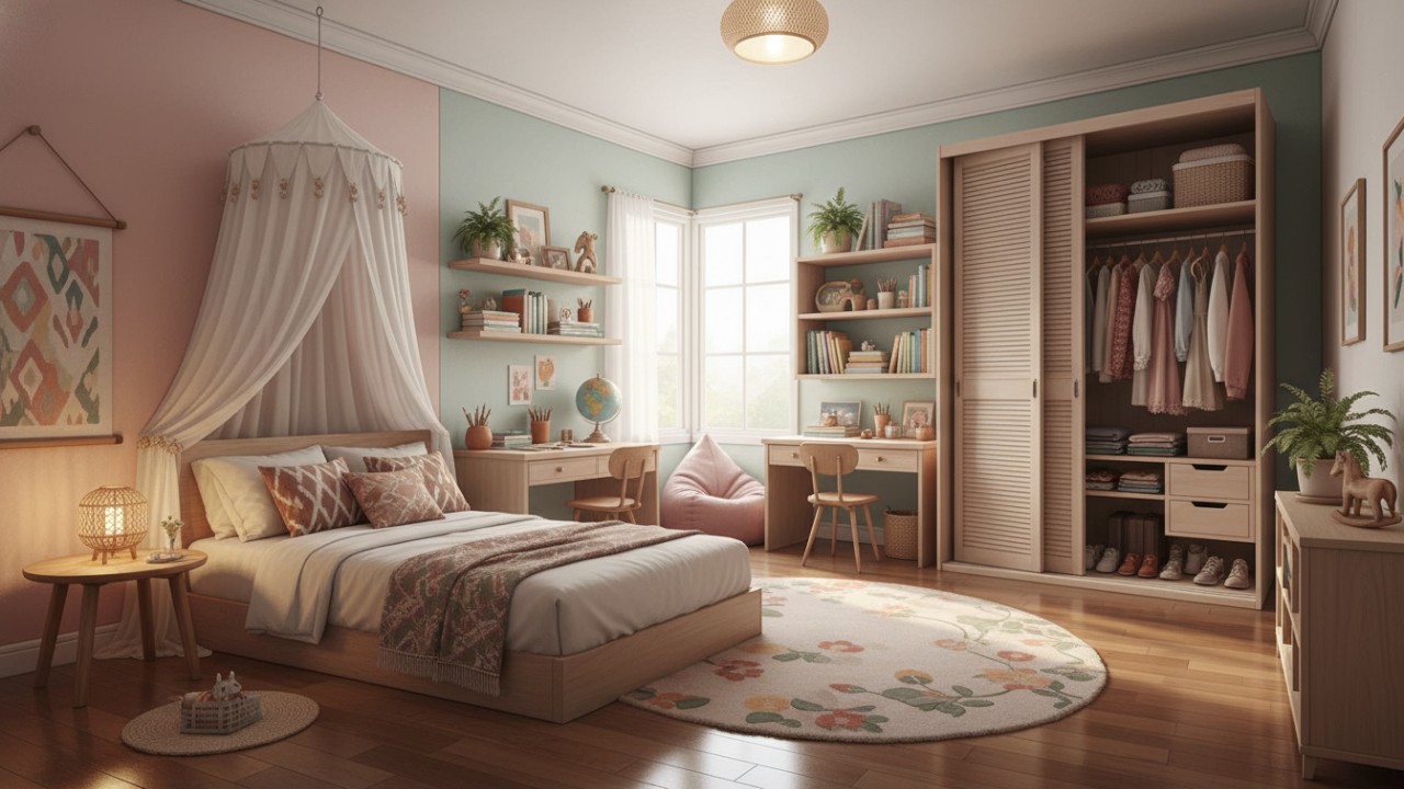 Desain kamar anak perempuan dengan warna lembut dan dekorasi fungsional yang mendukung aktivitas harian.