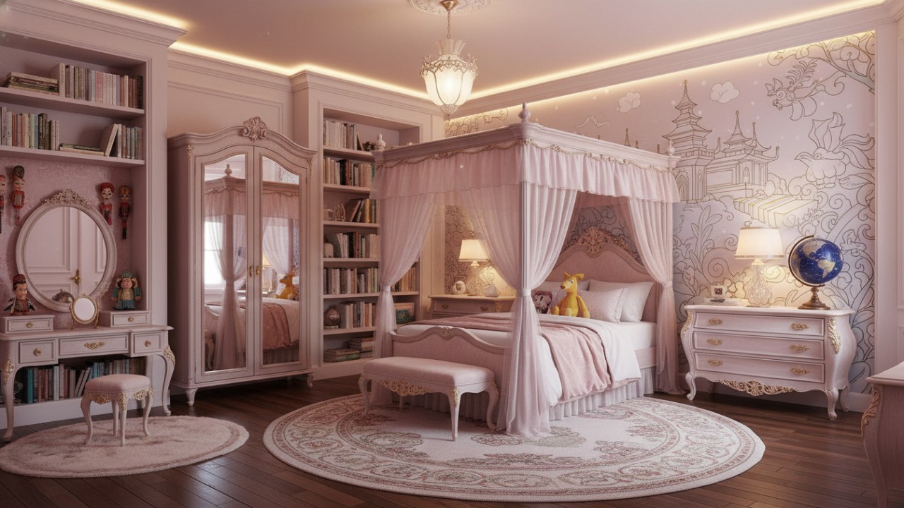 Desain kamar anak perempuan dengan warna lembut dan dekorasi fungsional yang mendukung aktivitas harian.