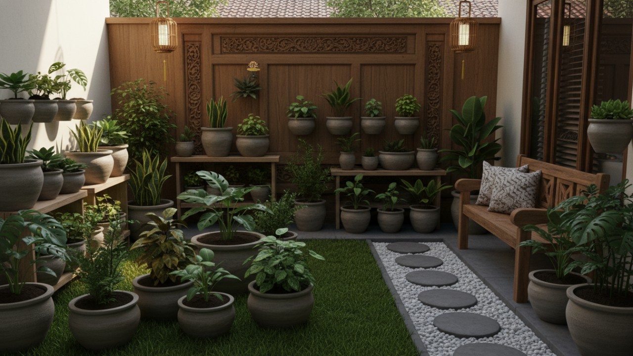 taman depan rumah penuh dengan tanaman