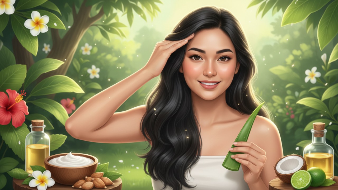 Ilustrasi perawatan rambut alami untuk mendukung pertumbuhan rambut sehat dan berkilau.