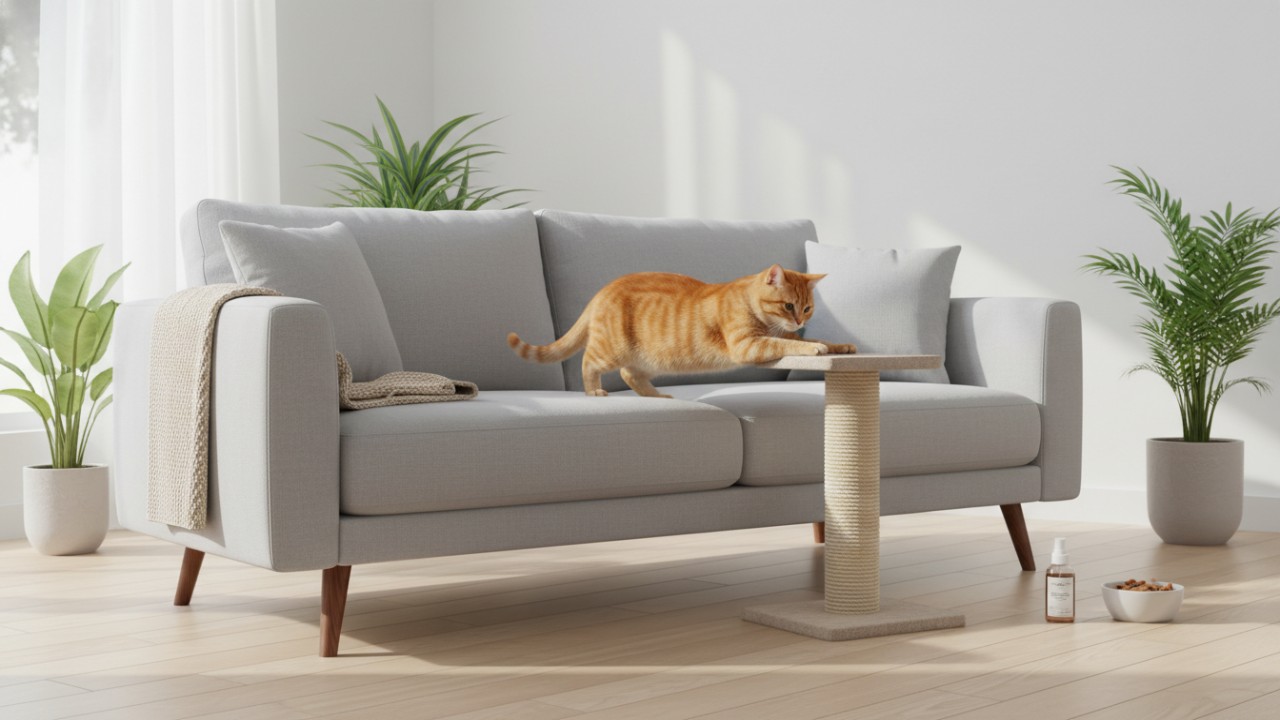 berikan mainan agar kucing tidak menggaruk - garuk sofa
