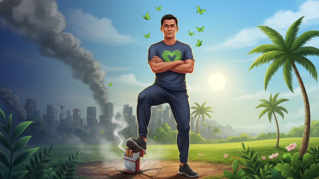 gambar orang dewasa bertekad berhenti merokok sebagai simbol perubahan gaya hidup sehat.