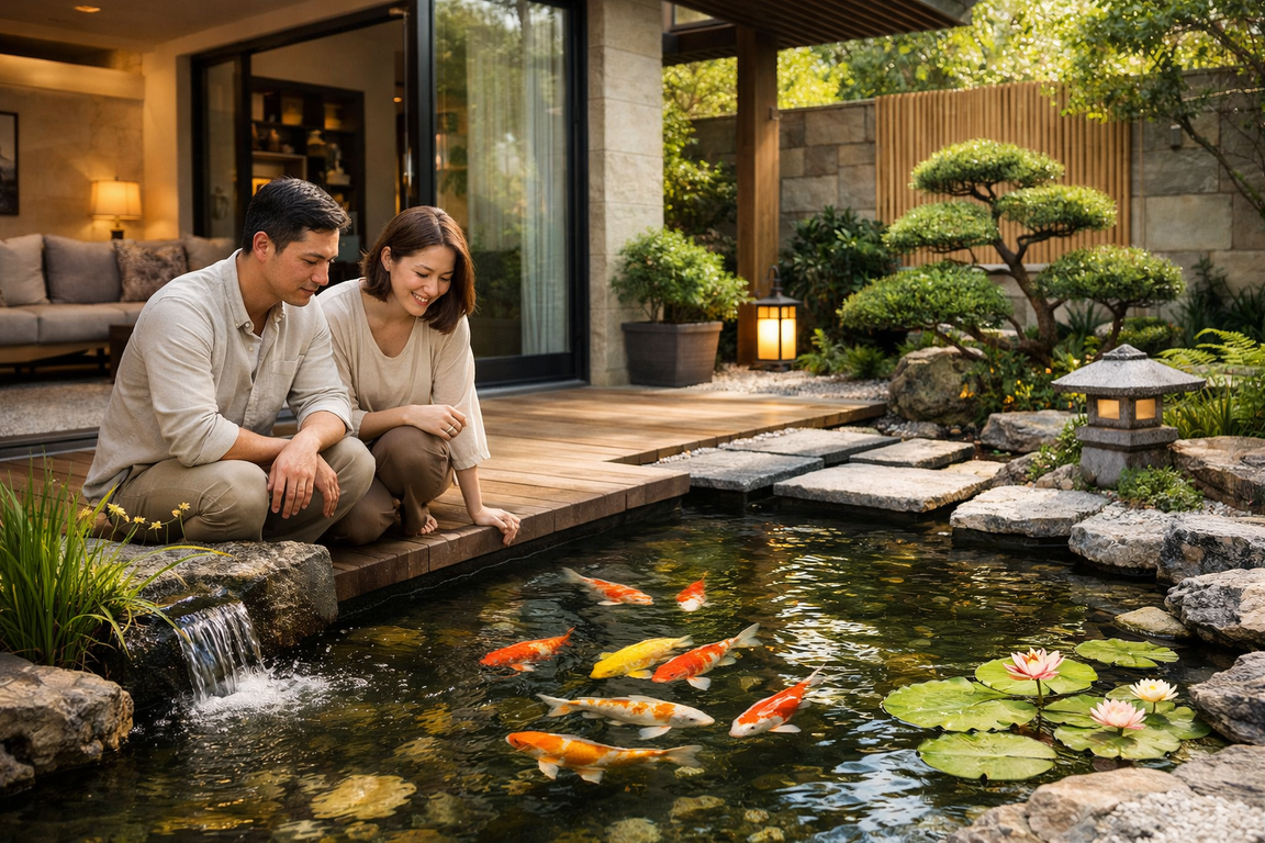Elemen air pada kolam ikan minimalis feng shui memberi efek rileks dan membuat rumah terasa lebih hidup serta berkarakter. Detail sederhana ini terbukti menambah daya tarik emosional properti.
