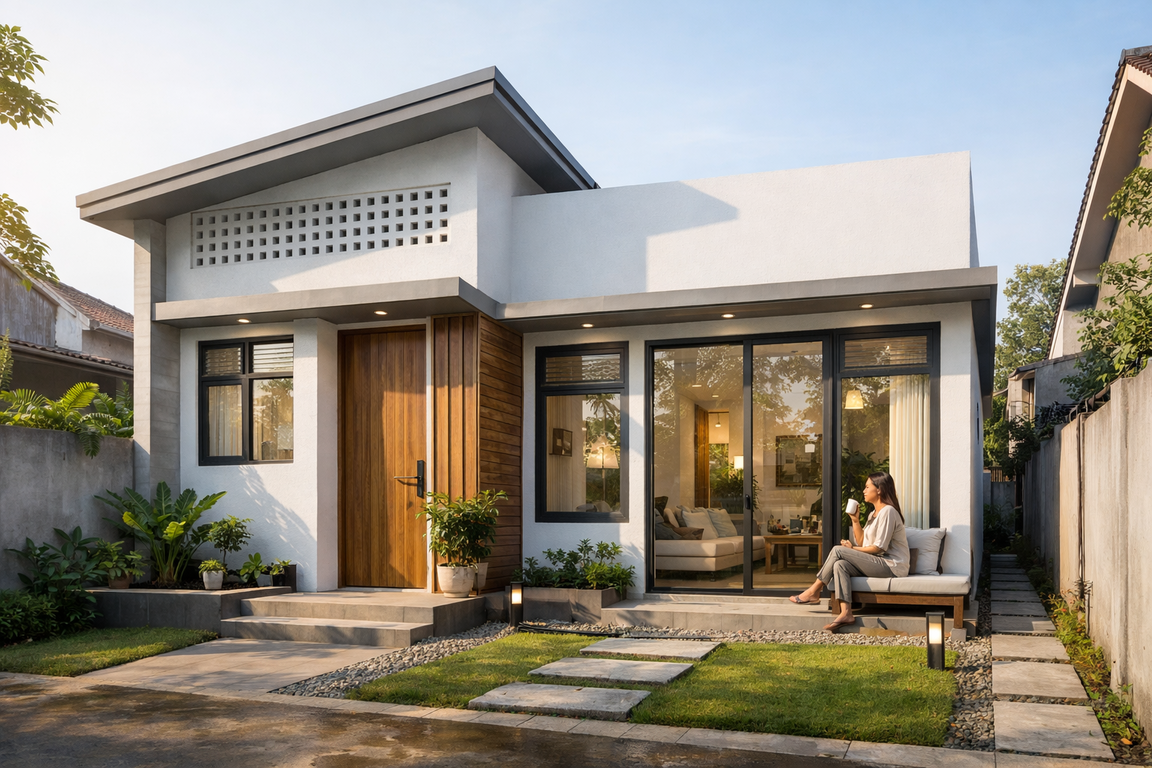 Rumah minimalis 2026 dengan bukaan jendela dan ventilasi tinggi untuk memaksimalkan cahaya alami, menjaga rumah tetap sejuk dan nyaman sepanjang hari.