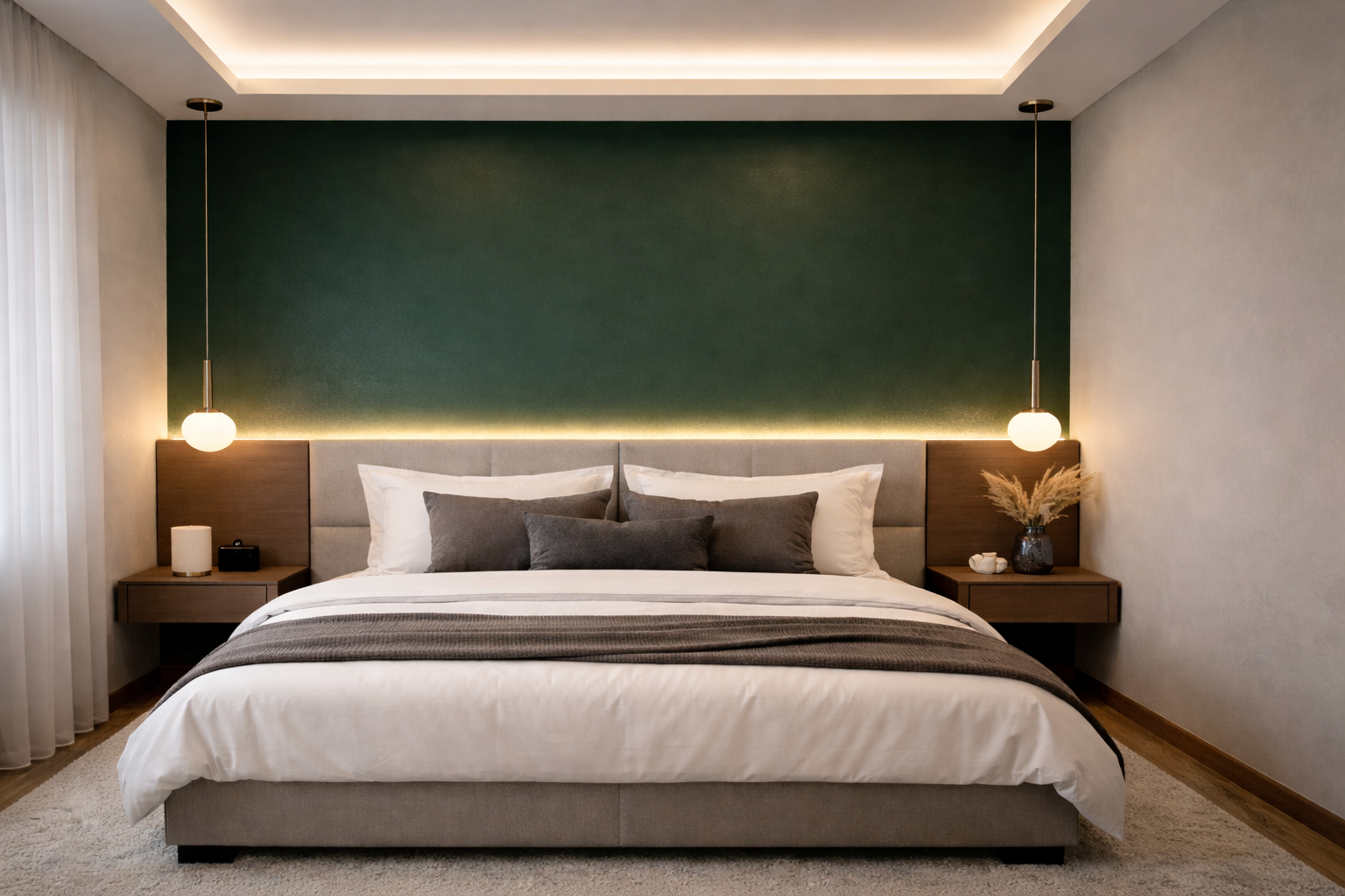 Kamar tidur 3&times;3 bergaya modern elegan dengan dinding hijau gelap sebagai focal point. Aksen LED di belakang headboard dan plafon memberi kesan hangat, rapi, dan berkarakter tanpa dekorasi berlebih.
