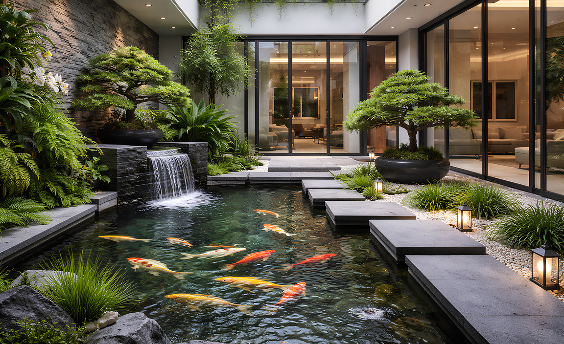 Kolam ikan minimalis feng shui di rumah modern yang memberi kesan tenang dan meningkatkan daya tarik properti.