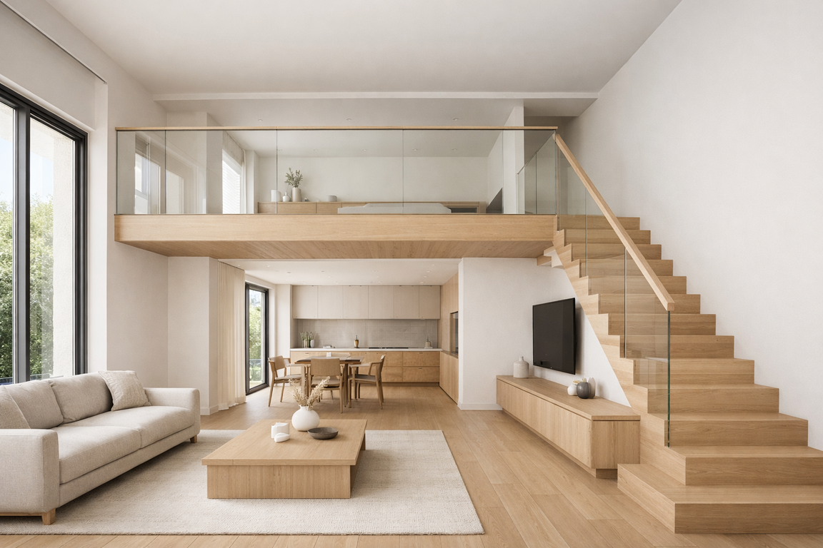 Desain mezzanine rumah minimalis 2026 tampil menyatu dengan garis bersih, warna netral, dan material kayu konsisten, didukung pencahayaan alami yang membuat ruang terasa ringan dan lapang.