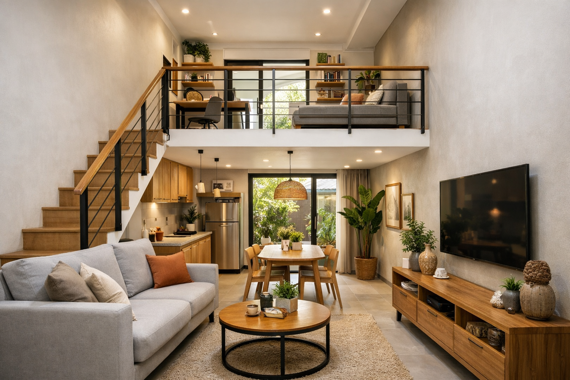 Tampilan ruang utama rumah 1 lantai di lahan terbatas dengan mezzanine terbuka yang memberi kesan luas.