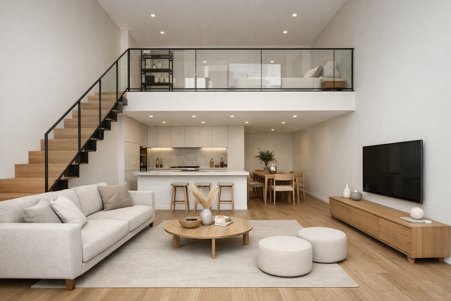 Lantai utama dibuat tenang dan terbuka agar mezzanine menonjol. Warna netral, minim sekat, dan furnitur rendah memberi kesan lapang, modern, dan berkelas.