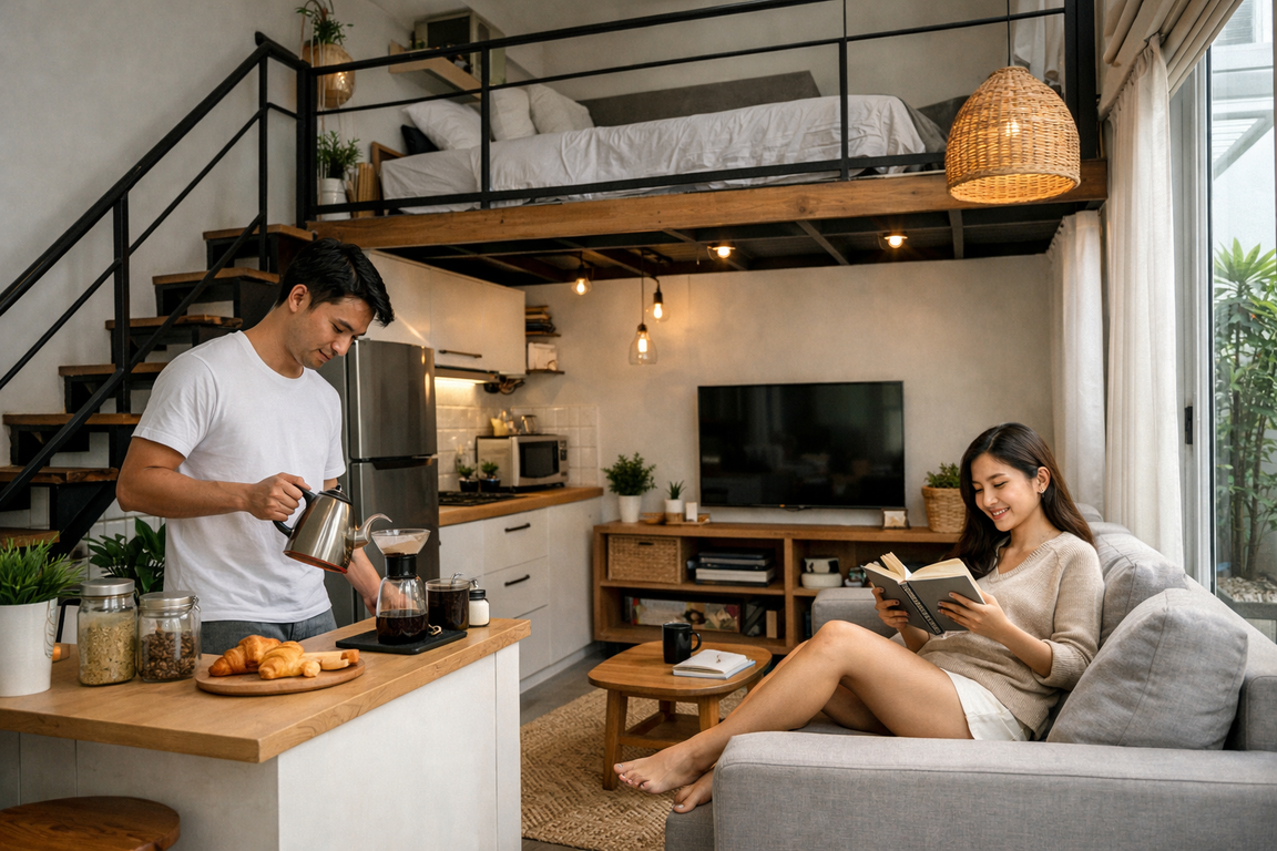 Aktivitas harian pasangan muda di lantai 1 rumah minimalis mezzanine.