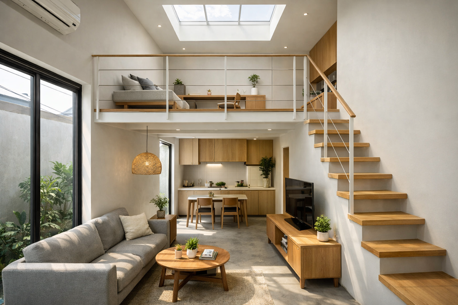 Rumah 1 lantai ini memanfaatkan mezzanine dan void tinggi untuk cahaya alami, dengan tangga ringan yang menjaga ruang tetap terang dan terasa luas.