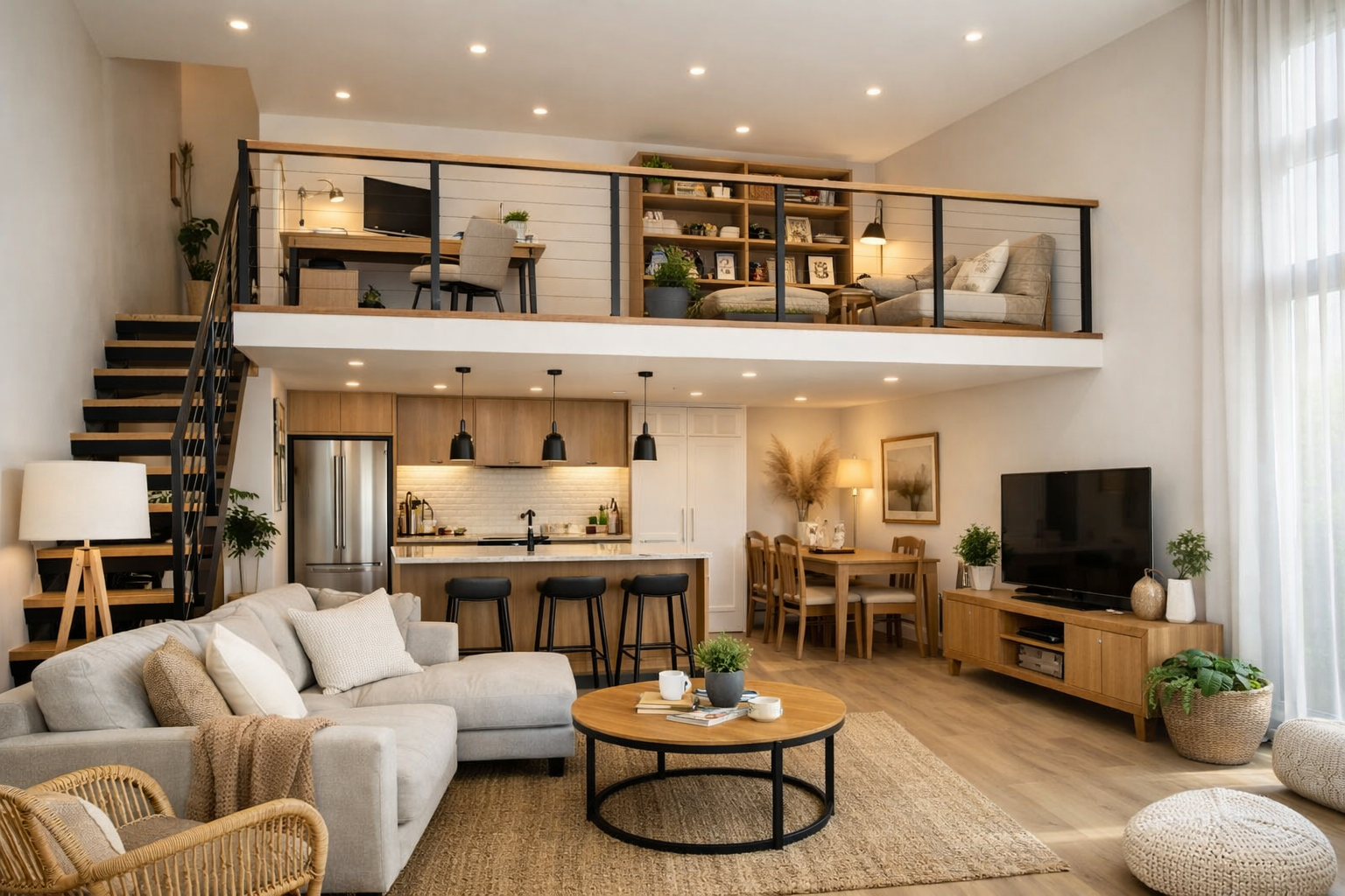 Rumah 1 lantai dengan mezzanine terbuka yang menyatu dengan ruang utama, memberi kesan luas dan terang, dengan fungsi kerja dan area santai di atas.