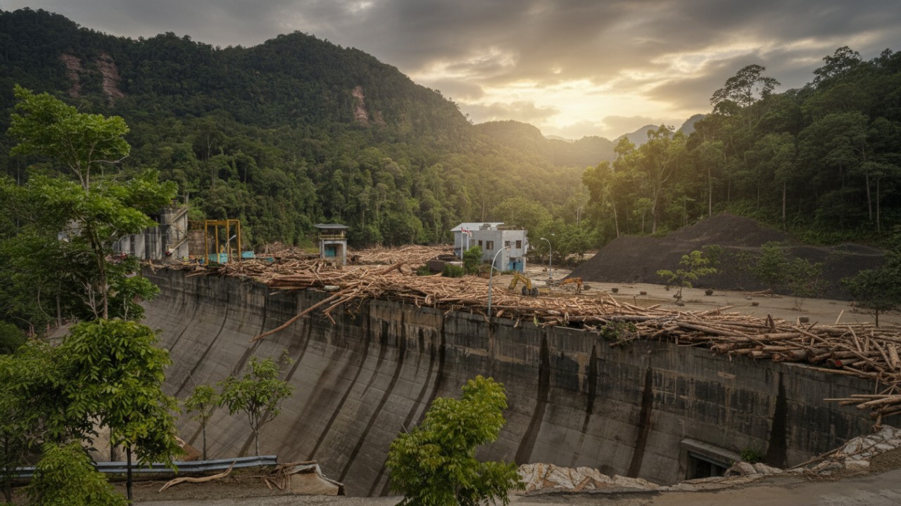 Kayu gelondongan tertahan di area bendungan PLTA Sipansihaporas.