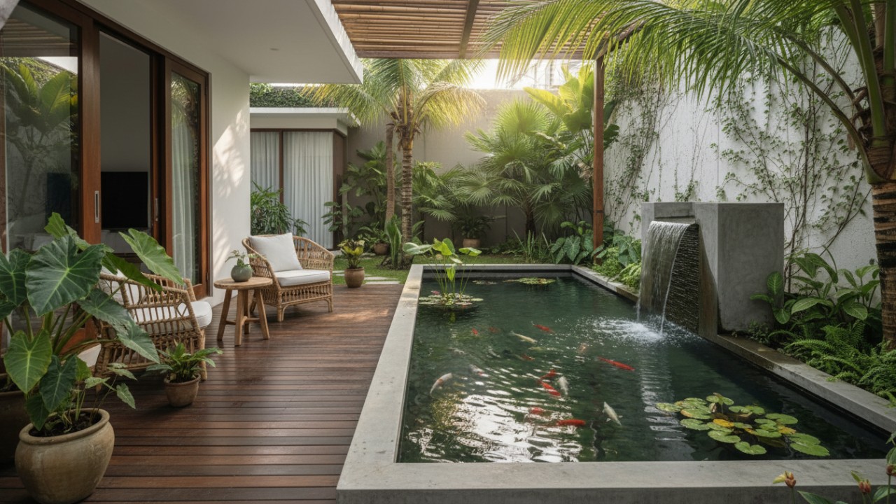 Ikan koi berenang di kolam minimalis berair jernih.