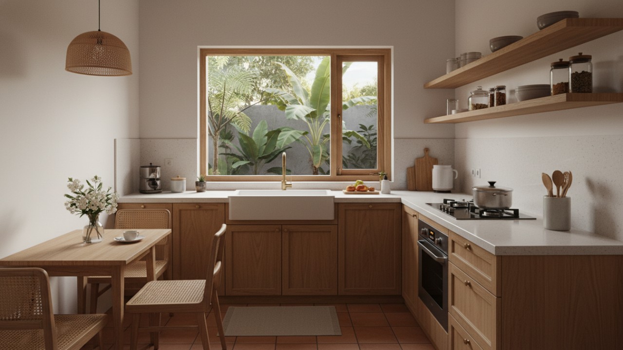 Tampilan dapur minimalis modern bernuansa homey dengan pencahayaan lembut.