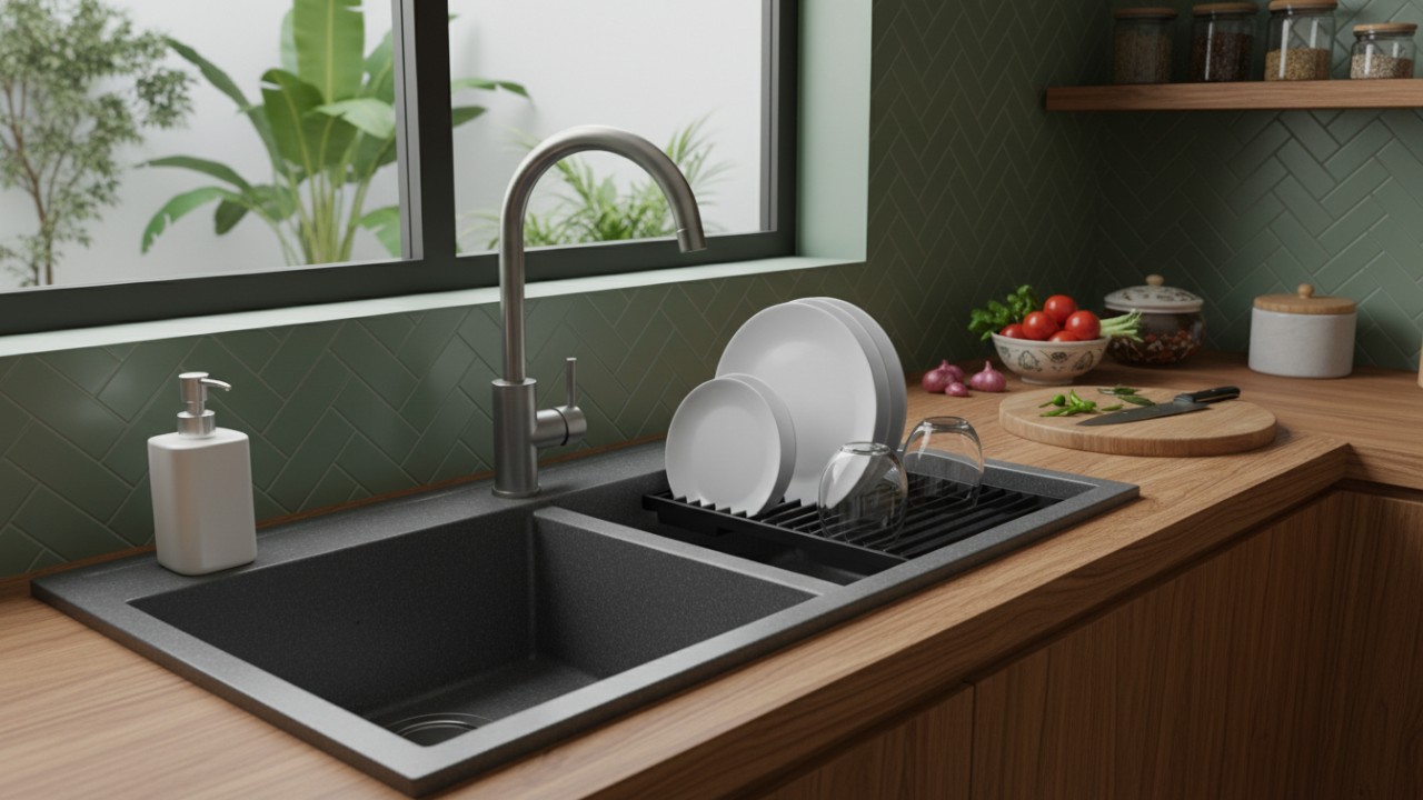 Ilustrasi dapur modern dengan wastafel estetis sebagai pusat aktivitas bersih-bersih.