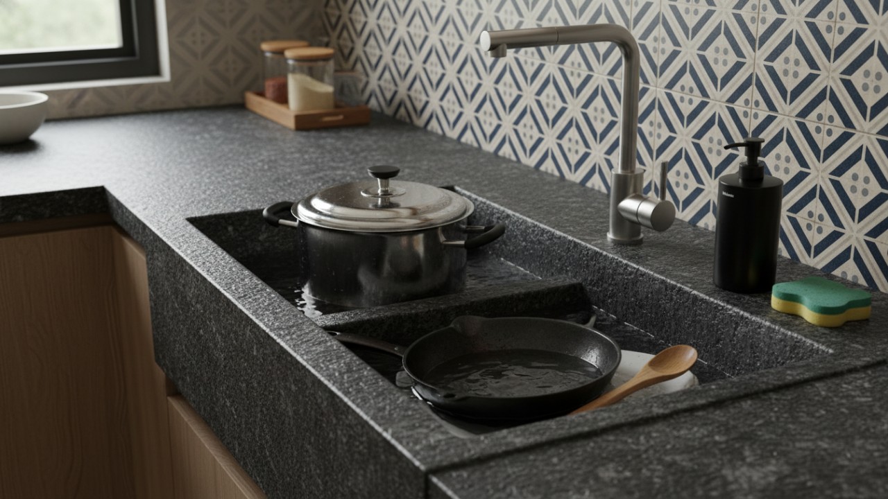 Perbedaan desain wastafel dapur dan kamar mandi.