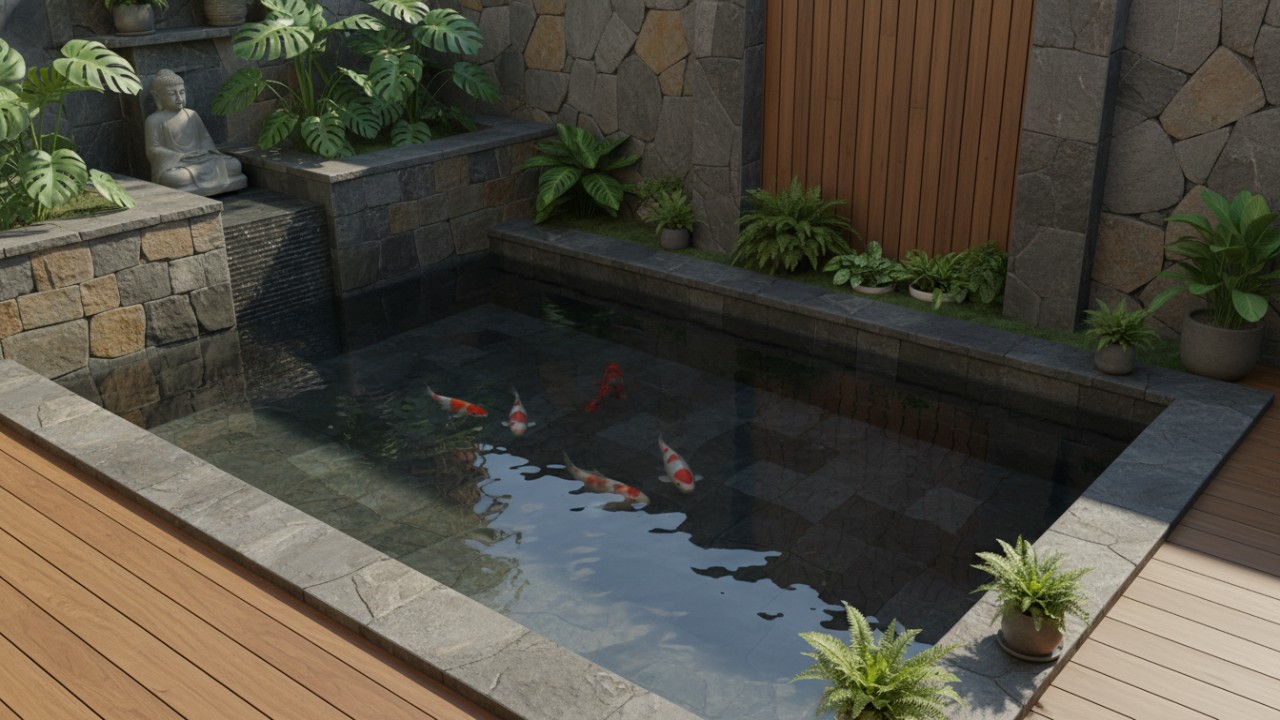 Tampilan kolam ikan minimalis dengan material batu alam yang rapi.