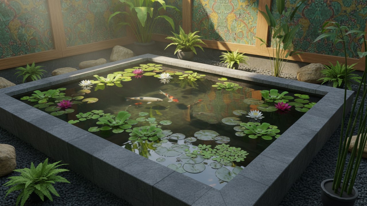 Tanaman air mempercantik kolam ikan minimalis.