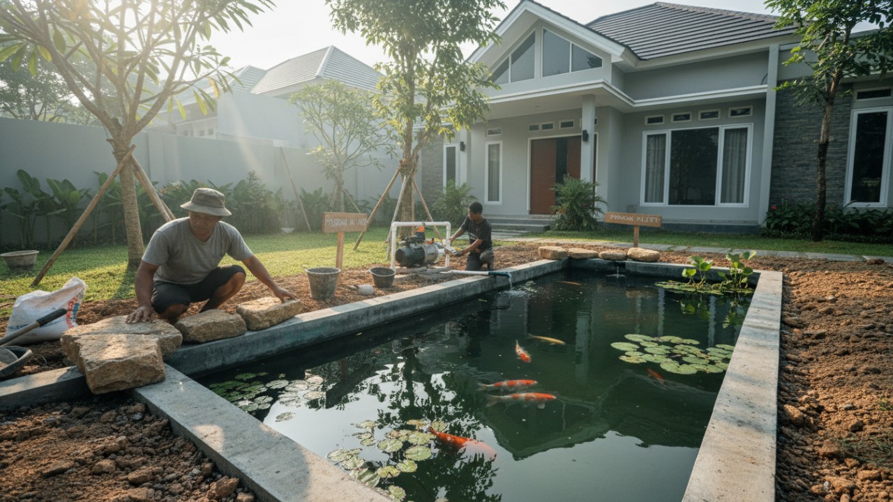 Desain kolam ikan minimalis di taman rumah modern.