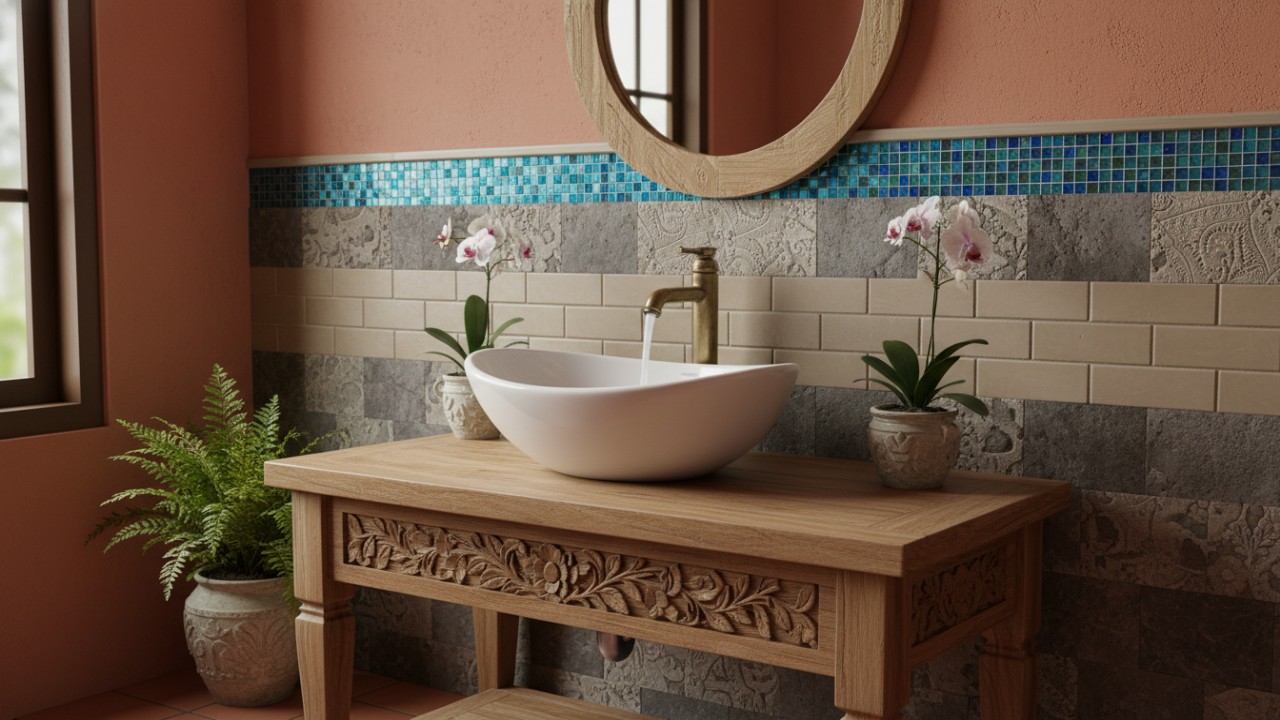 Wastafel dapat menjadi elemen dekoratif jika dipadukan dengan backsplash bermotif menarik. Keramik batu alam, mozaik, atau subway tile netral memberi kesan rapi