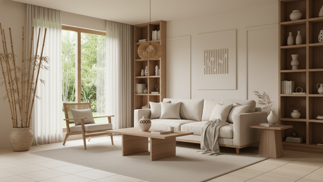 Tampilan ruang keluarga Japandi dengan warna krem dan furnitur kayu natural.