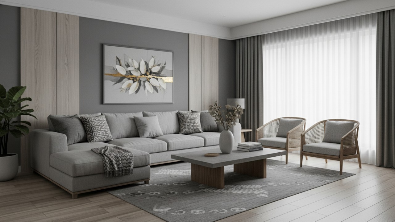 Ruang keluarga modern minimalis dengan dominasi warna abu-abu elegan.