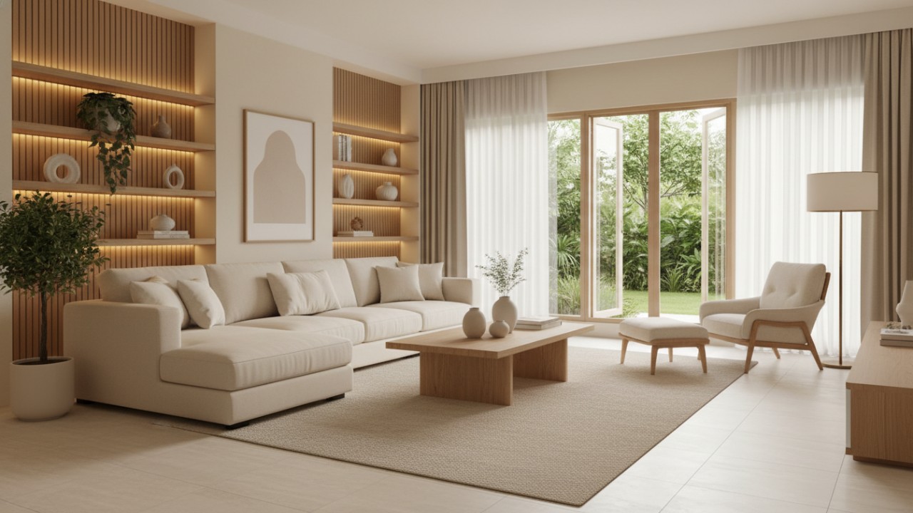 Detail sofa kain bertekstur lembut pada ruang keluarga bergaya bersih.