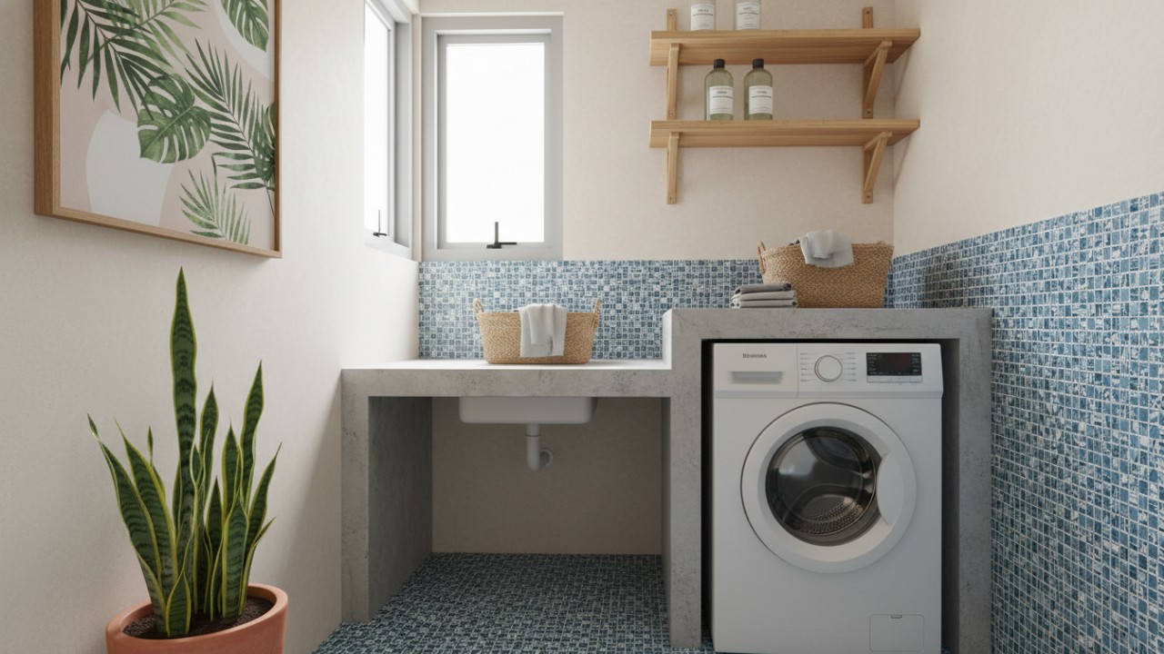 Mesin cuci minimalis menyatu dengan kabinet elegan.