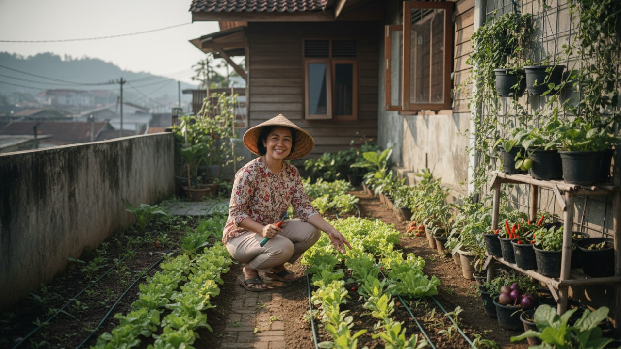 Ilustrasi kebun sayur pekarangan rumah dengan sinar matahari cukup.