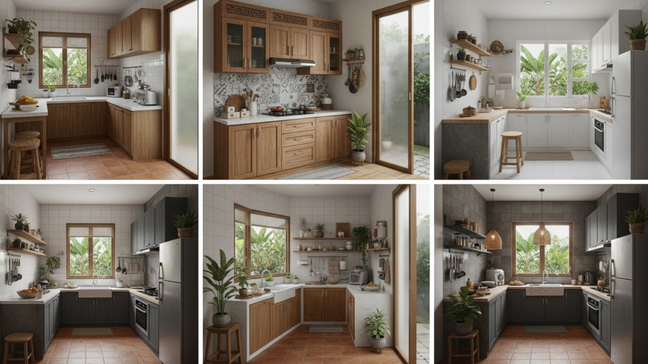 Ilustrasi berbagai desain dapur minimalis modern yang fungsional dan estetik untuk rumah berukuran mungil.