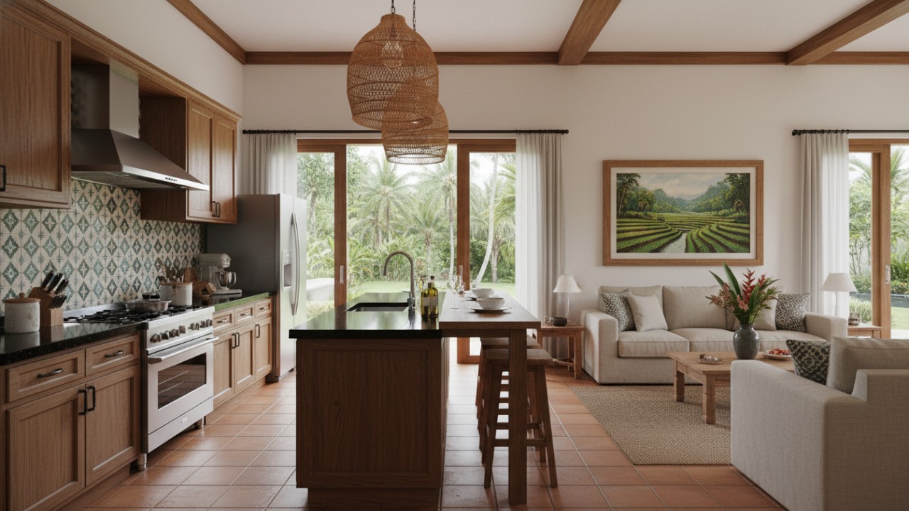 Dapur terbuka modern menyatu dengan ruang keluarga.