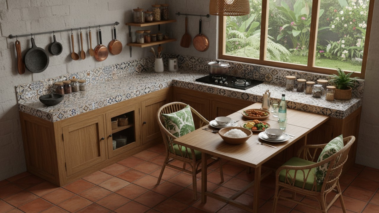 Dapur layout L dengan meja makan praktis.