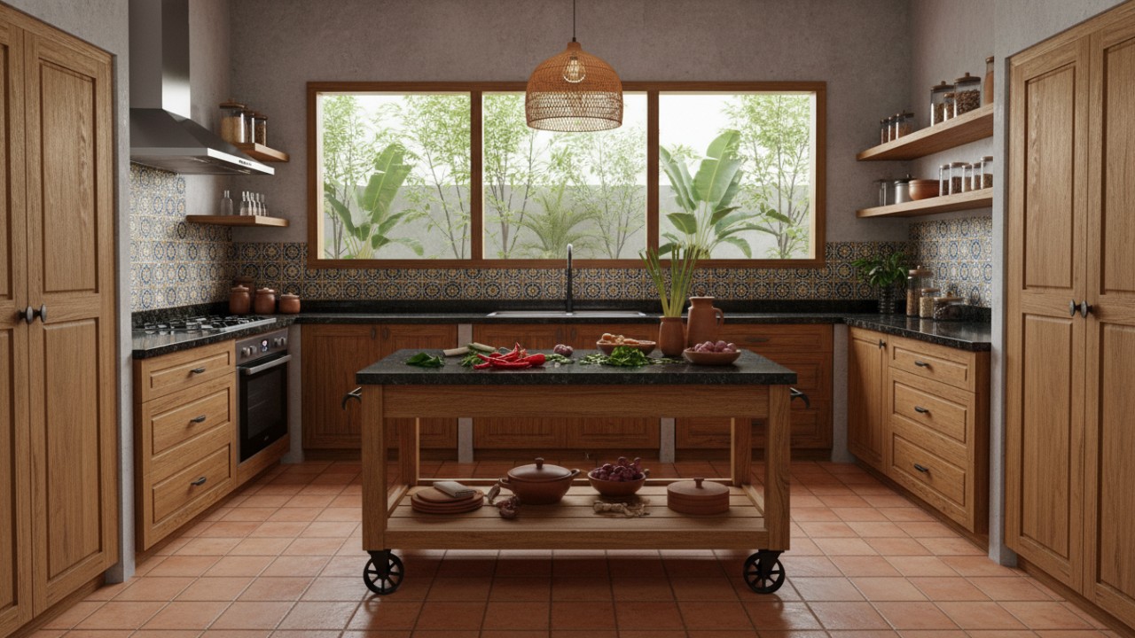 Dapur dengan meja pindah bergaya modern.