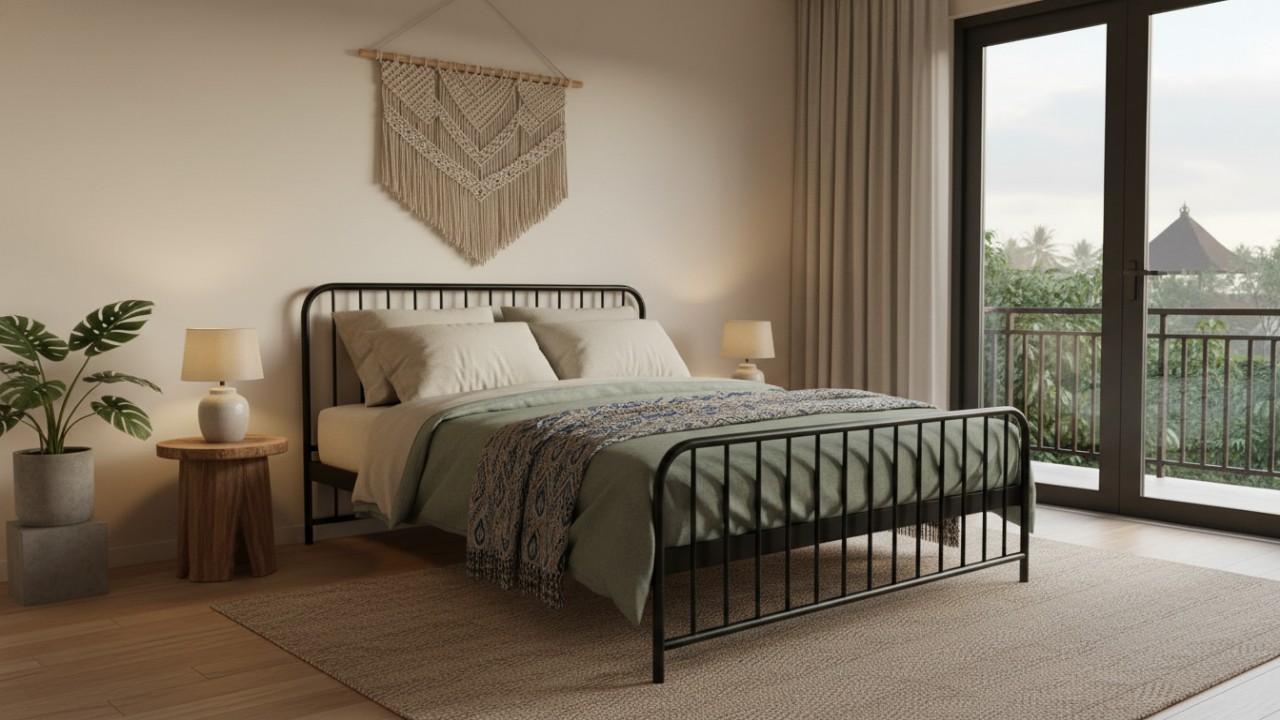 Ilustrasi tempat tidur besi minimalis dengan desain modern dan elegan.