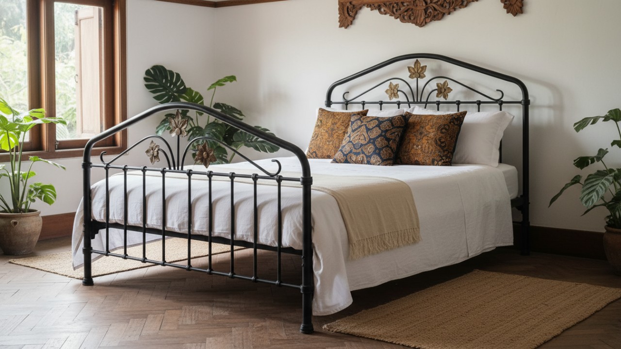 Rangka besi ramping memberi kesan ringan pada kamar.
