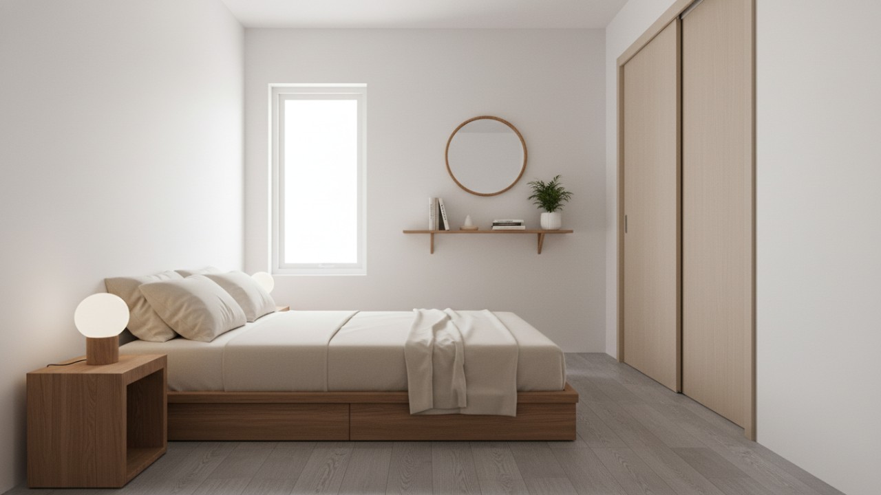 Tempat tidur minimalis dengan laci penyimpanan di kamar kecil.