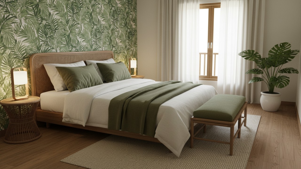 Aksen tropis dengan wallpaper daun dan furnitur rotan.