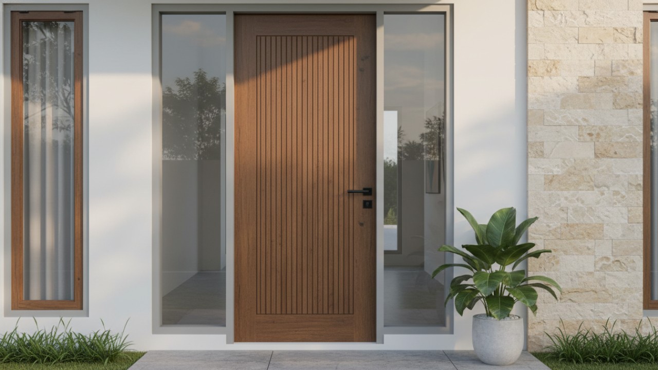 desain pintu dengan material kayu menyatu pada kusen jendela